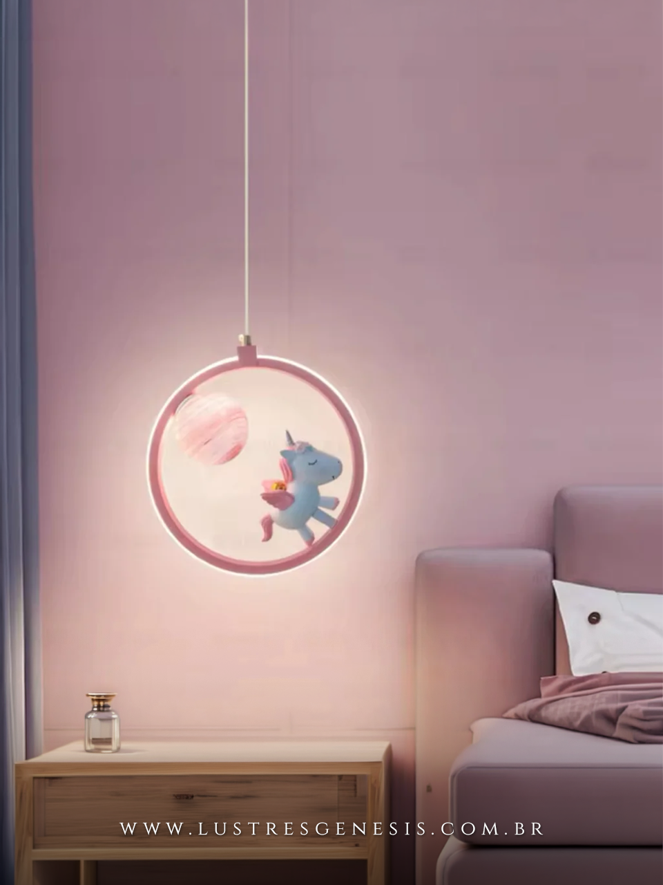 Lustre Infantil Pendente Unicornio Rosa LED Neutro Redondo Ø23cm Luminaria Decorativa para Quarto Infantil Quarto de Menina